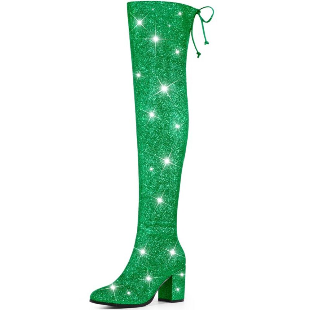 Glitter Round Toe Chunky Heel Over the Knee High Boots Green